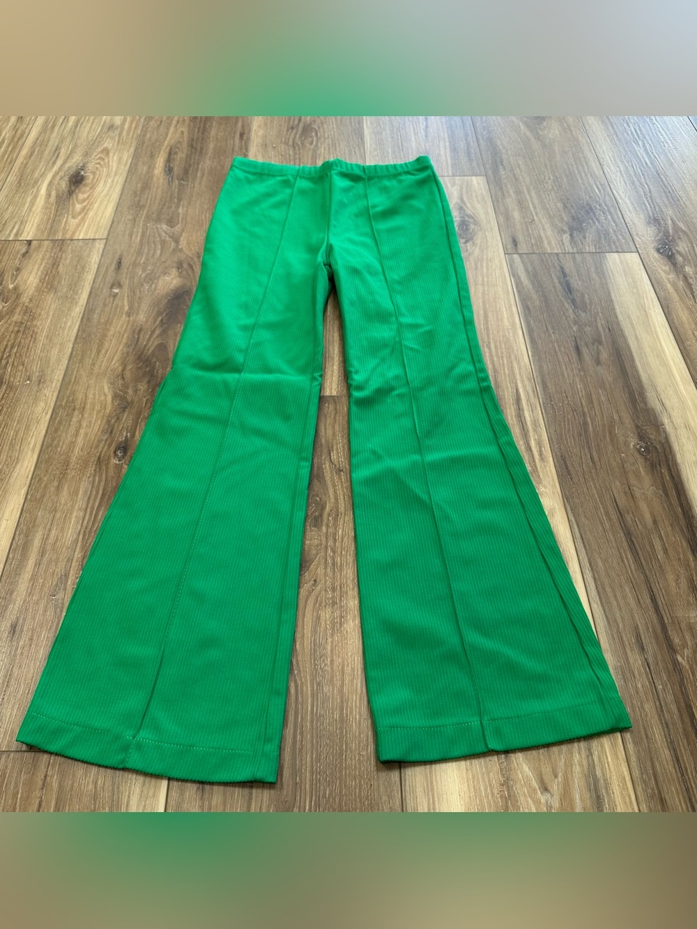 Vintage 70s Growing Girl Nylon Flare Bellbottom Pants, Green, Size 8